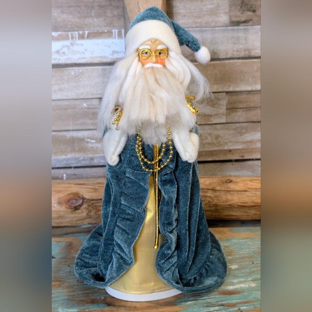Vintage Old World Santa Claus Tree Topper in Blueish Green and Gold